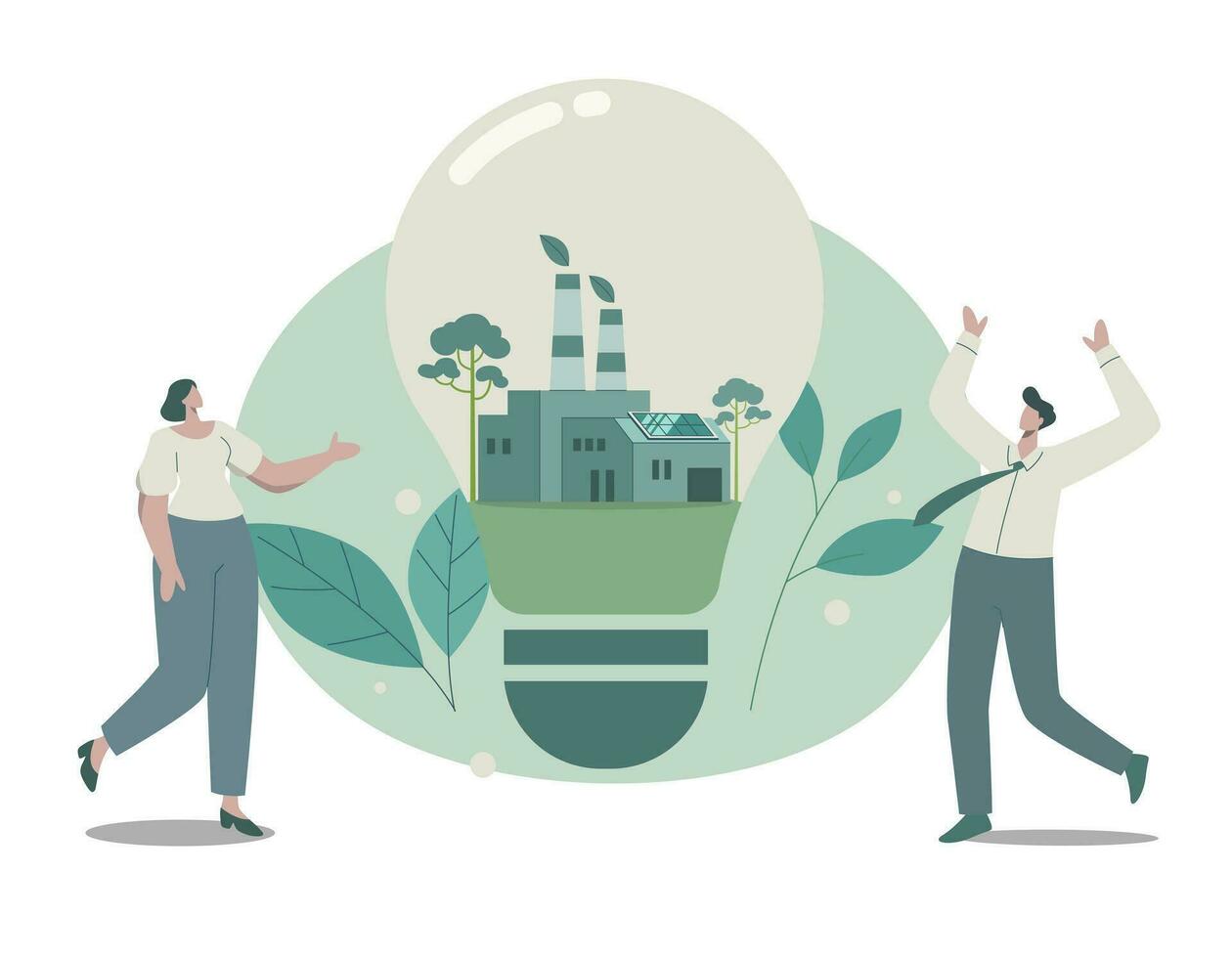 Environmental conservation factory in the light bulb, Alternative power supply, Clean green energy from renewable sources concept, Vector design illustration.