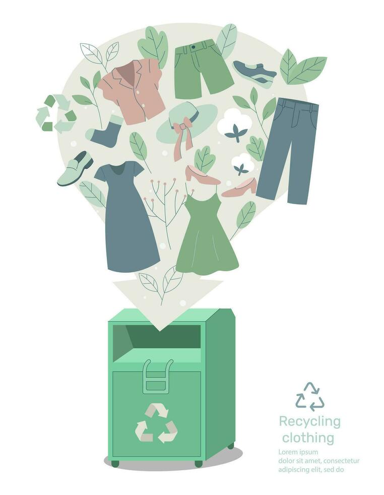 Eco recycled textile clothing sustainable. donating used apparel to donation box, Recycle and environmental care concept on fashion. Vector design illustration.