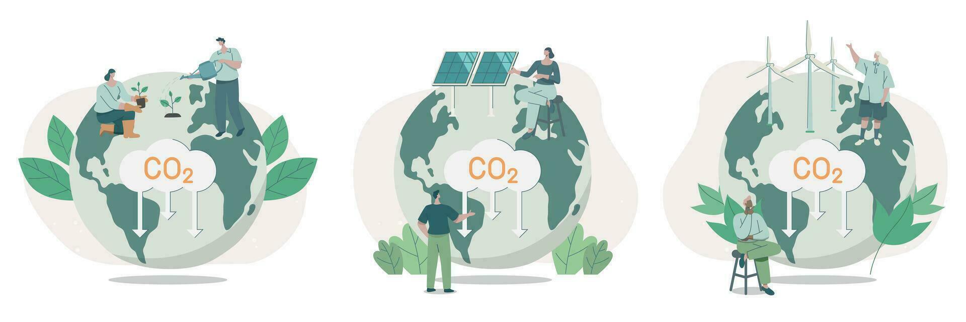 Set of climate change problem concepts. People care about the ecology and the environment. Using clean energy to reduce CO2 emissions. vector