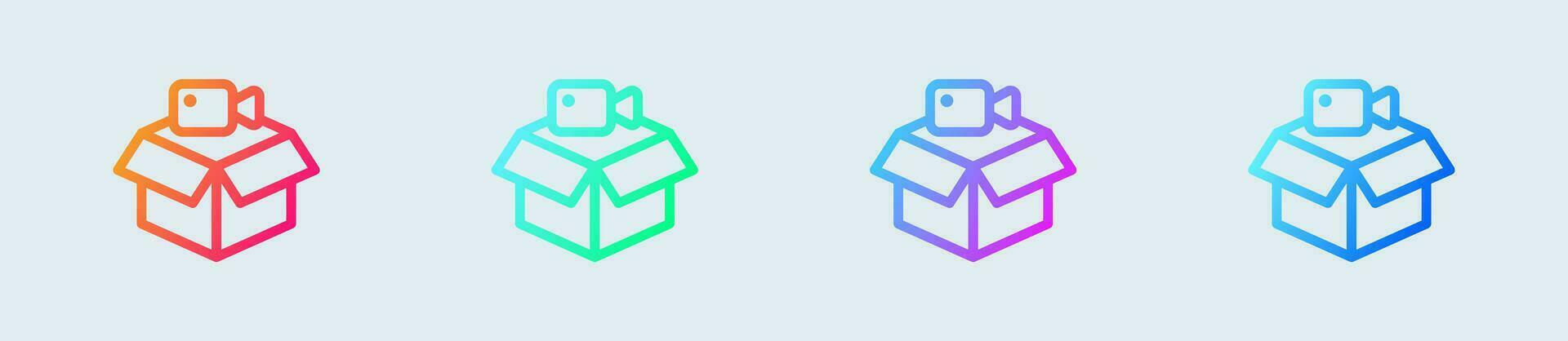 Unboxing video line icon in gradient colors. Review signs vector illustration.