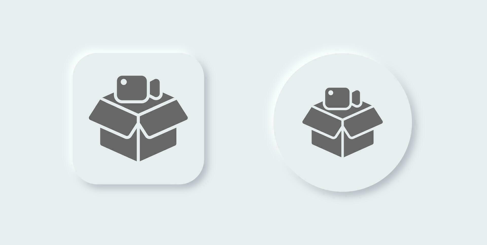 Unboxing video solid icon in neomorphic design style. Review signs vector illustration.