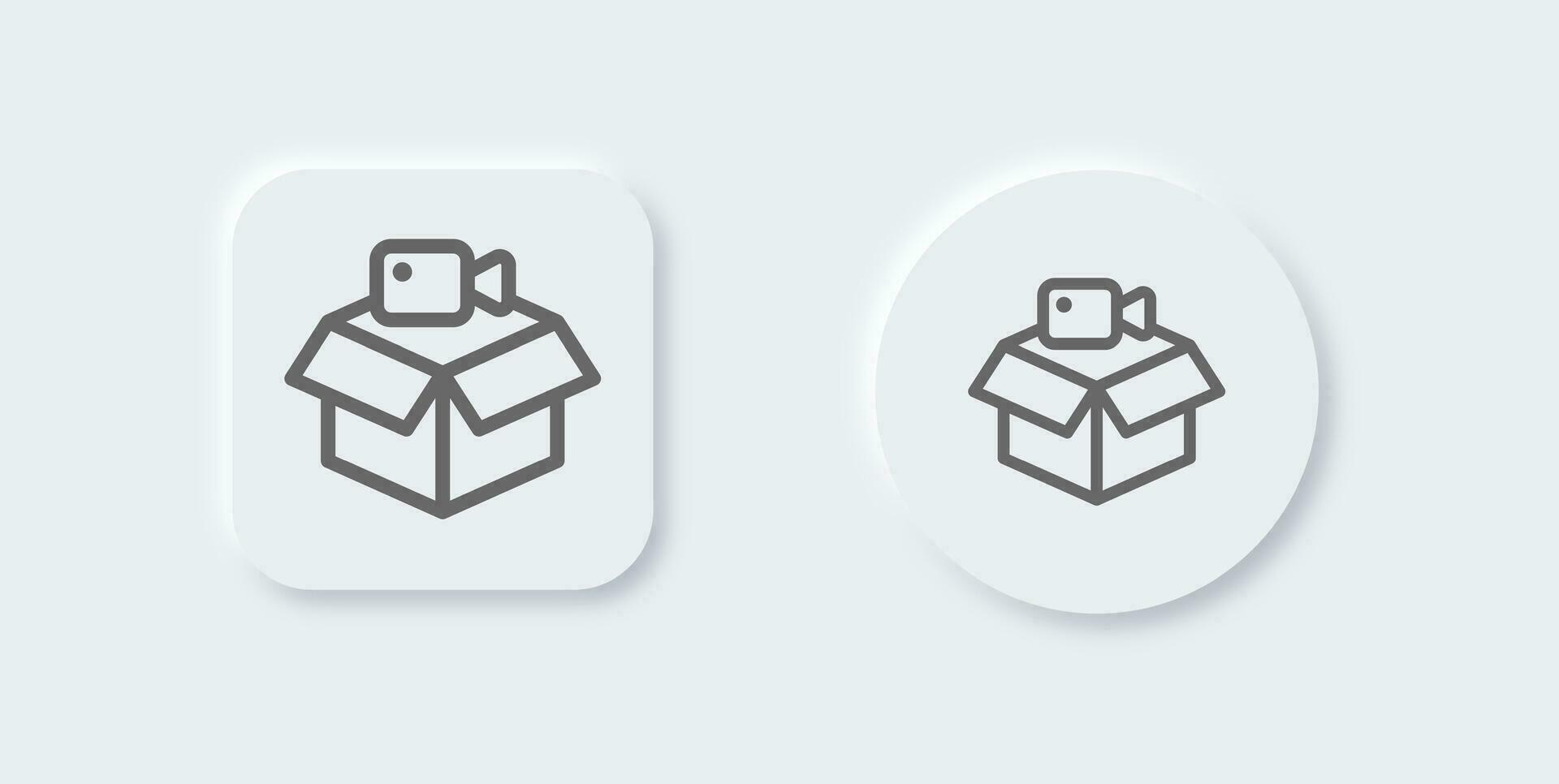 Unboxing video line icon in neomorphic design style. Review signs vector illustration.