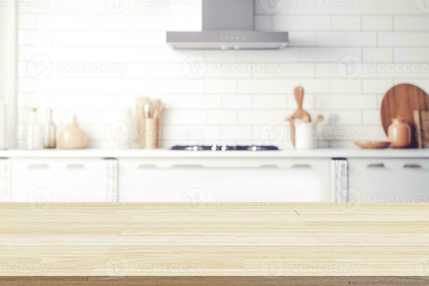 Empty Wood table top on blurred kitchen background. photo