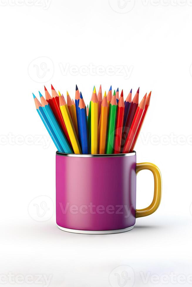 ilustración dibujo un apilar de de colores lapices en el taza poseedor con Copiar espacio. ai generado foto