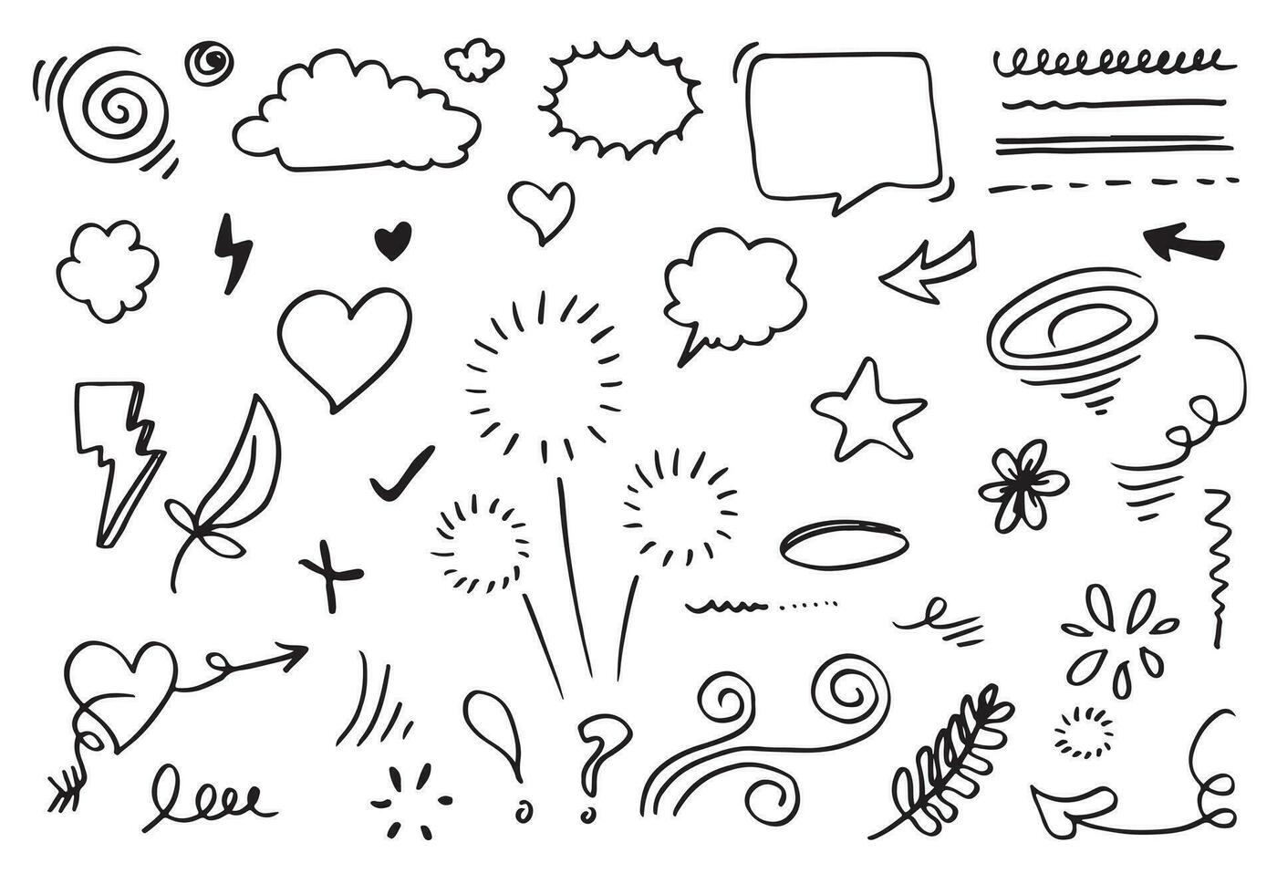 Hand drawn set elements, black on white background. Arrow, heart, love, star, leaf, sun, light, flower,Swishes, swoops, emphasis ,swirl, for concept design. vector