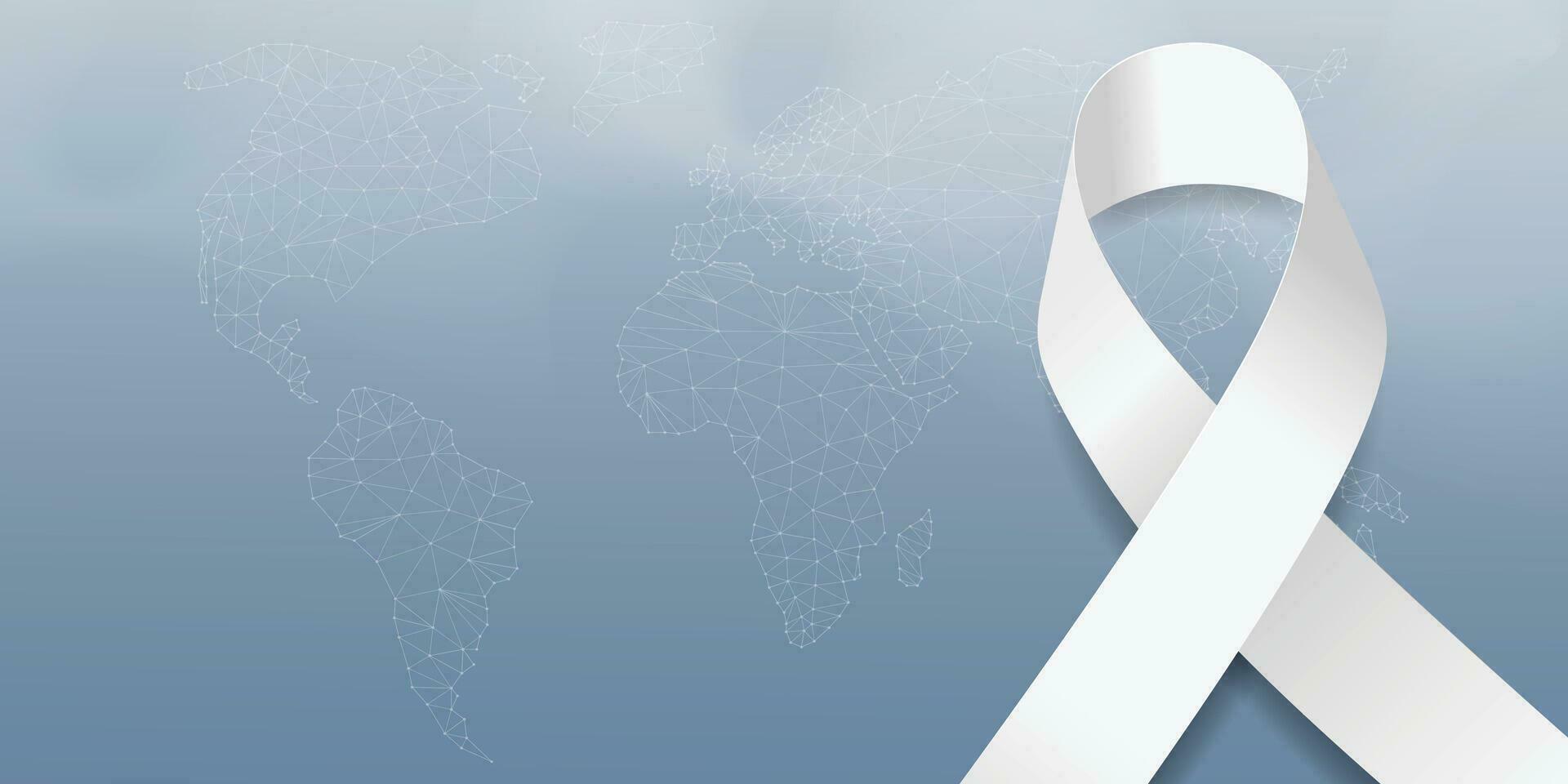 Lung cancer awareness month concept. Banner template with white ribbon awareness. Isolated on dark background. Vector illustration.