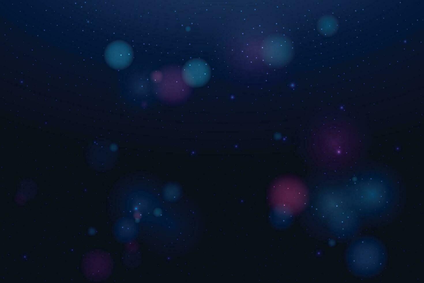 Blurred bokeh light on dark blue background. Defocused blinking stars and sparks. Abstract vector illustration.