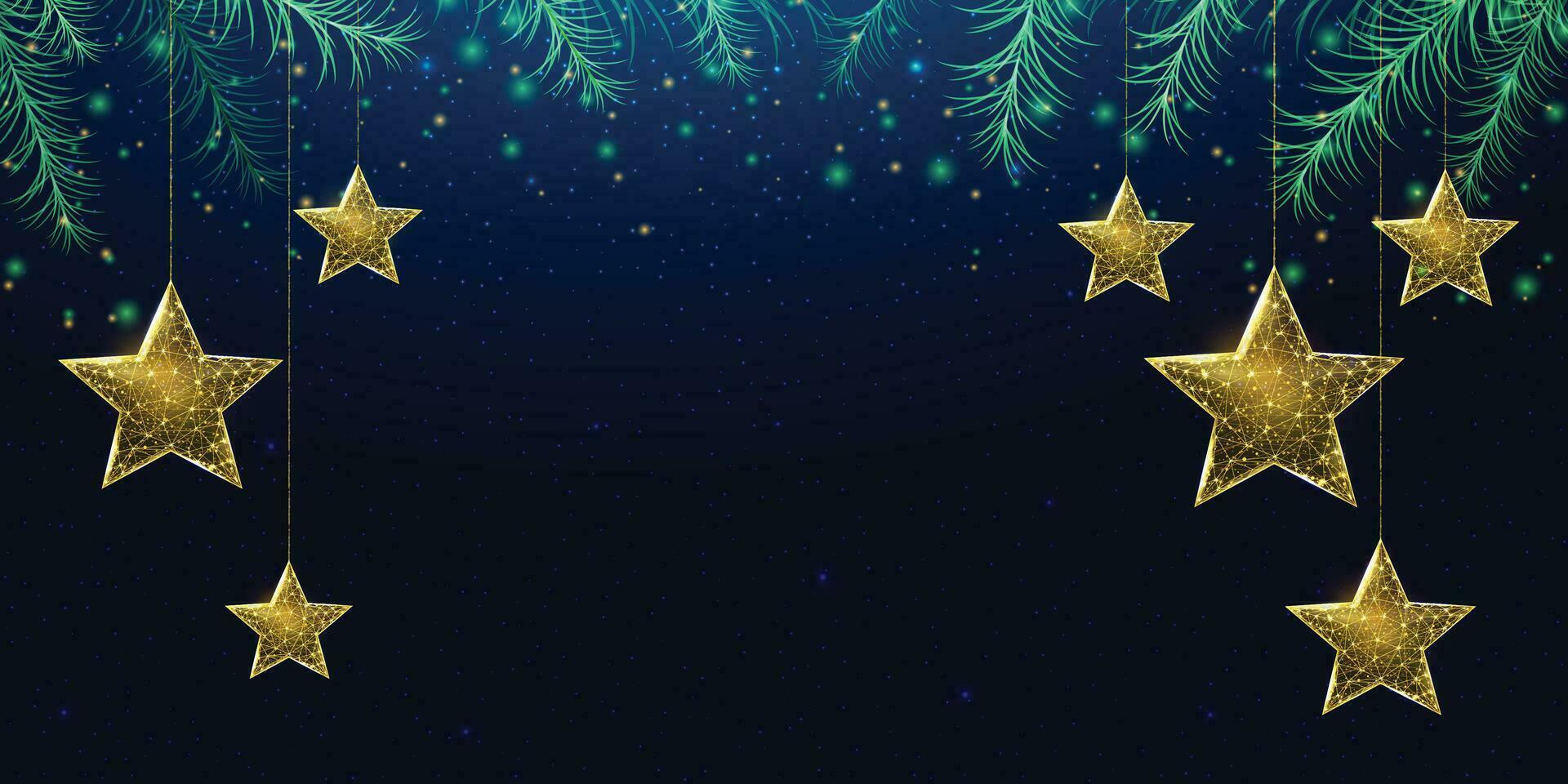 Wireframe Christmas stars and Christmas tree branches, low poly style. New Year banner. Abstract modern 3d vector illustration on blue background.