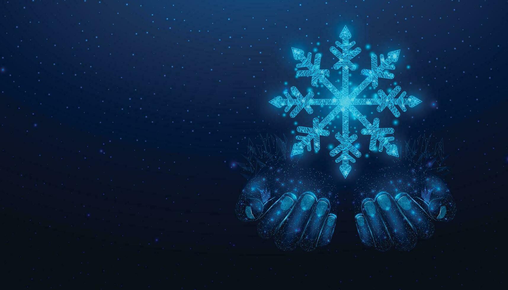 Two hands are holding a snowflake. Wireframe glowing low poly design on a blue background. Abstract futuristic vector illustration.