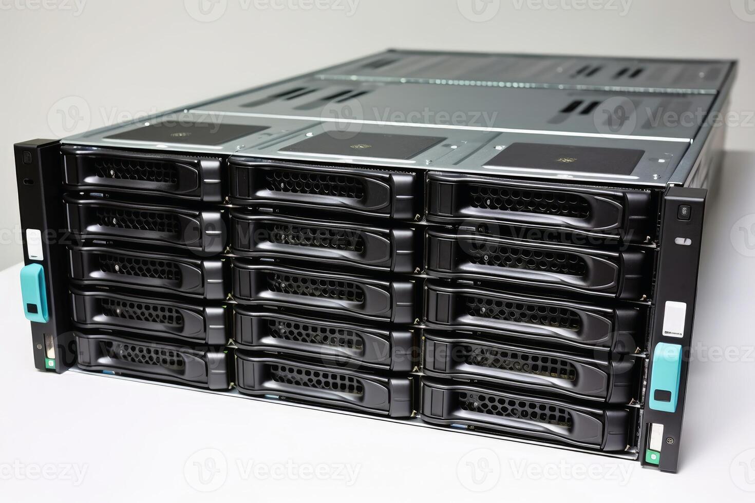 Rack housing server data storage hardware created with generative AI technology. photo