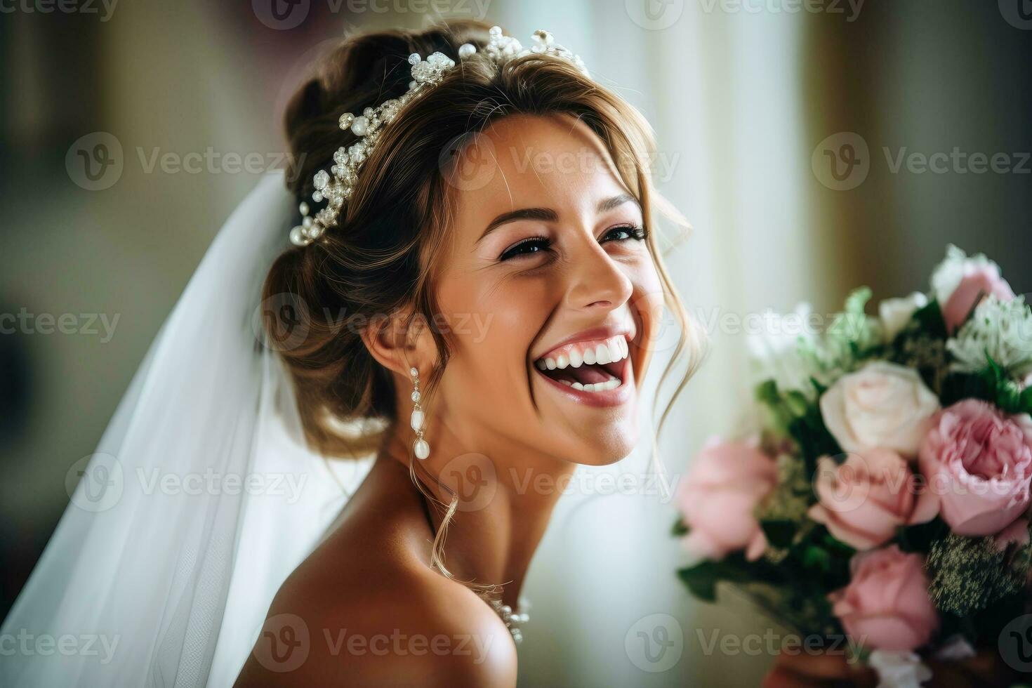 A happy smiling bride in a white dress created with generative AI technology. photo