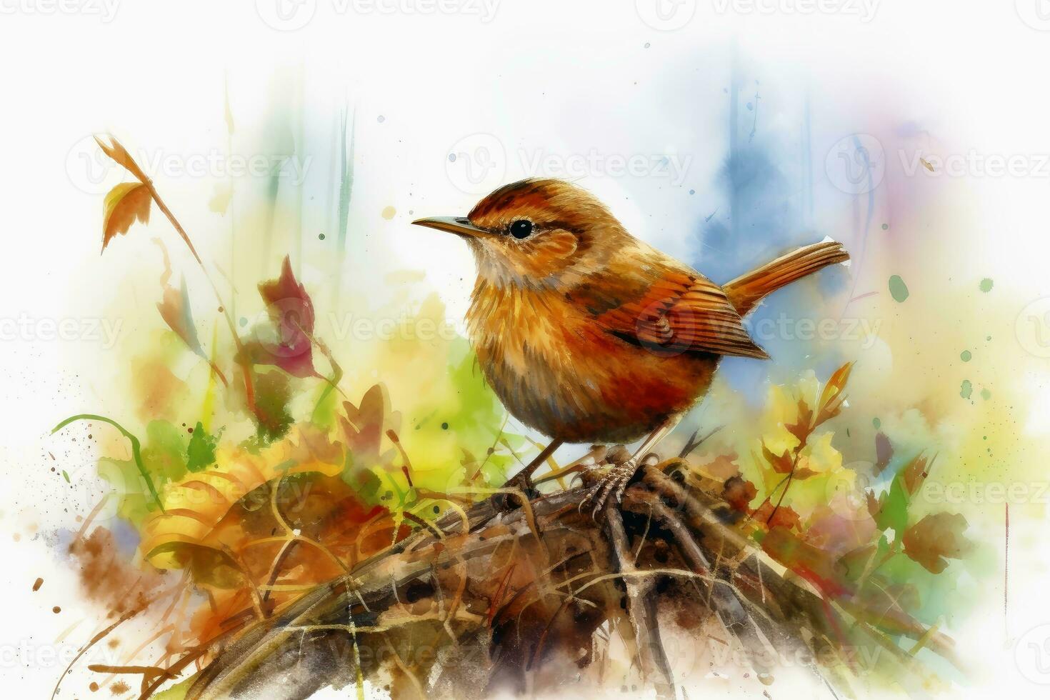 Watercolor painted wren bird on a white background. photo
