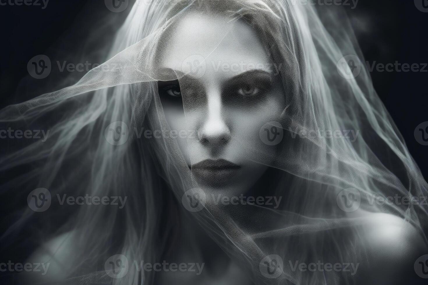 A creepy woman with a dark spooky make up created with technology. photo