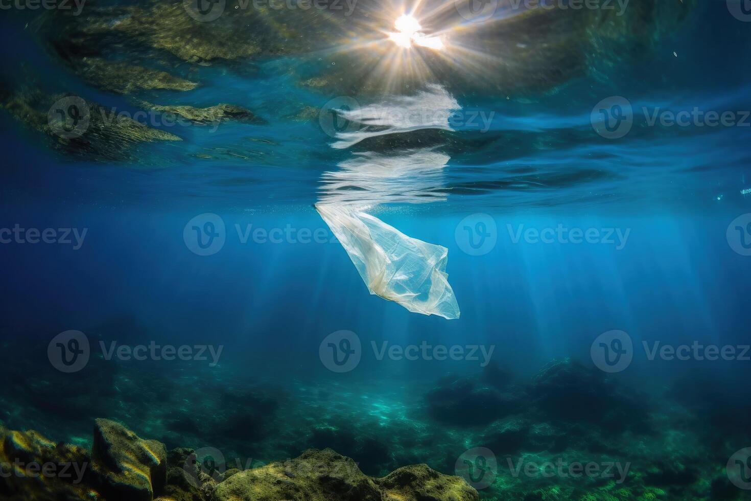 Single plastic waste bag under water in the ocean created with generative AI technology. photo