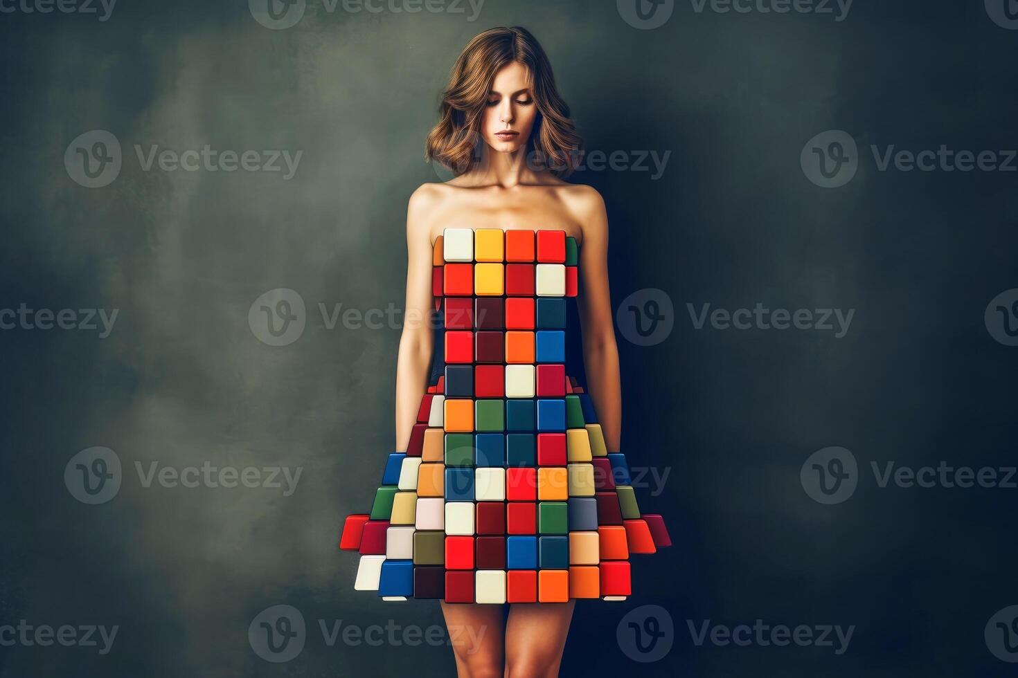 A women wearing a dress in cube style surrealism created with generative AI technology. photo