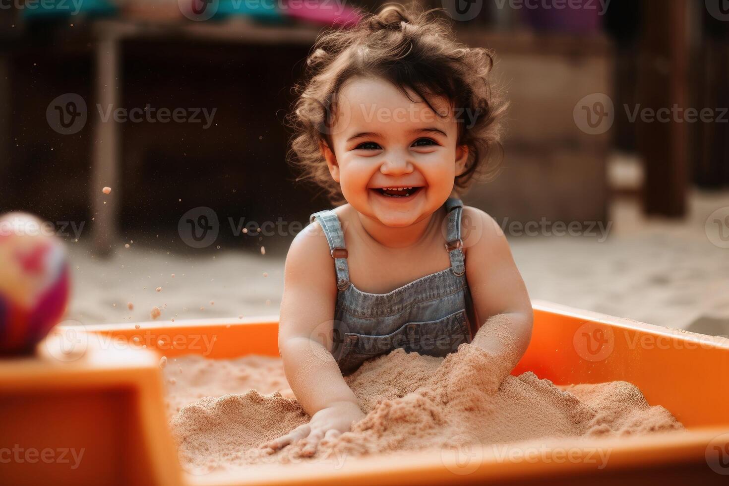 A happy small child playing in a sandbox created with technology. photo