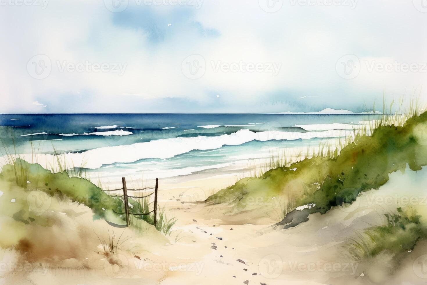 Watercolor of a beautiful beach created with generative AI technology. photo