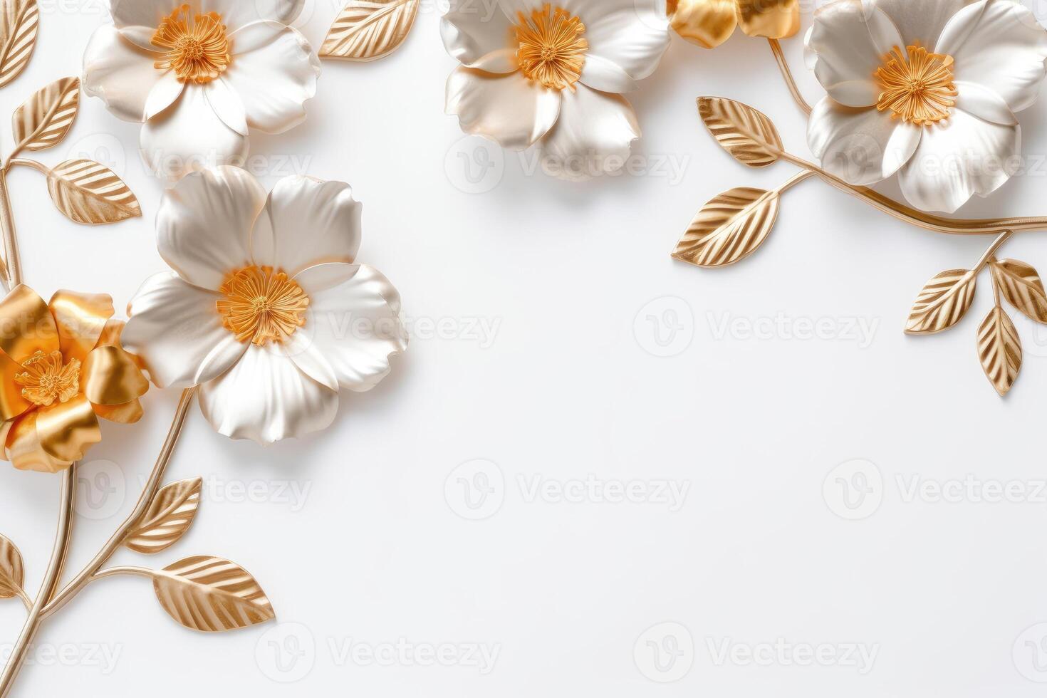 Golden flowers border on a white background created with technology. photo
