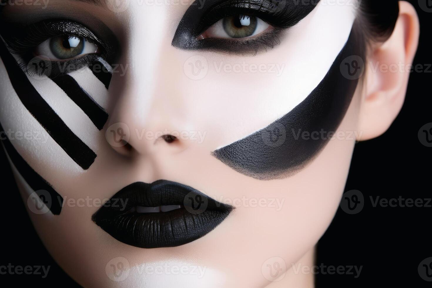 Portrait of a woman with a black and white makeup separating the face created with technology. photo