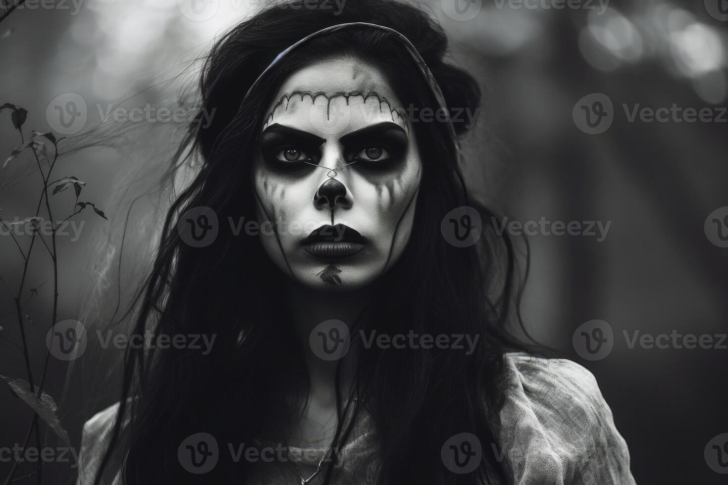 A creepy woman with a dark spooky make up created with technology. photo