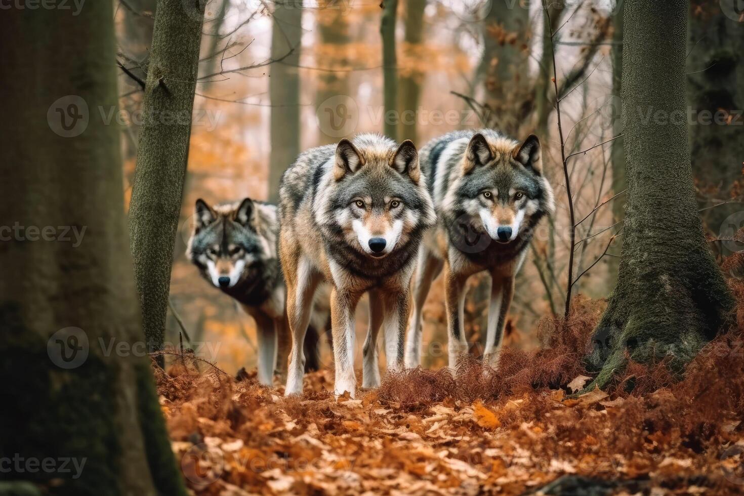 Wild wolves in a forest created with generative AI technology. photo