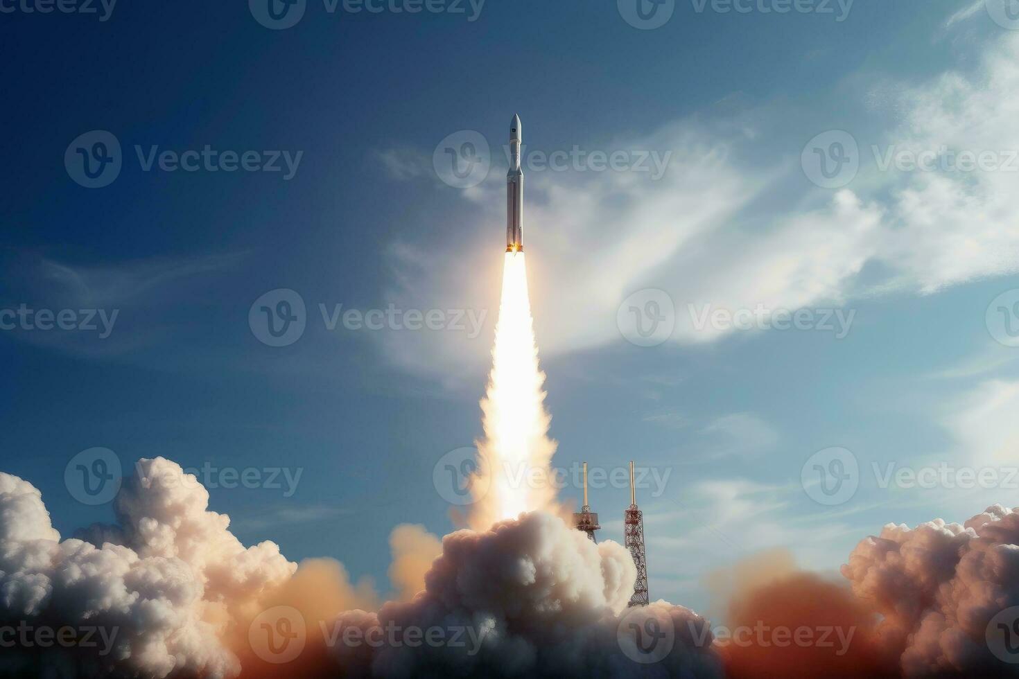 un moderno cohete lanzamiento desde tierra creado con generativo ai tecnología. foto