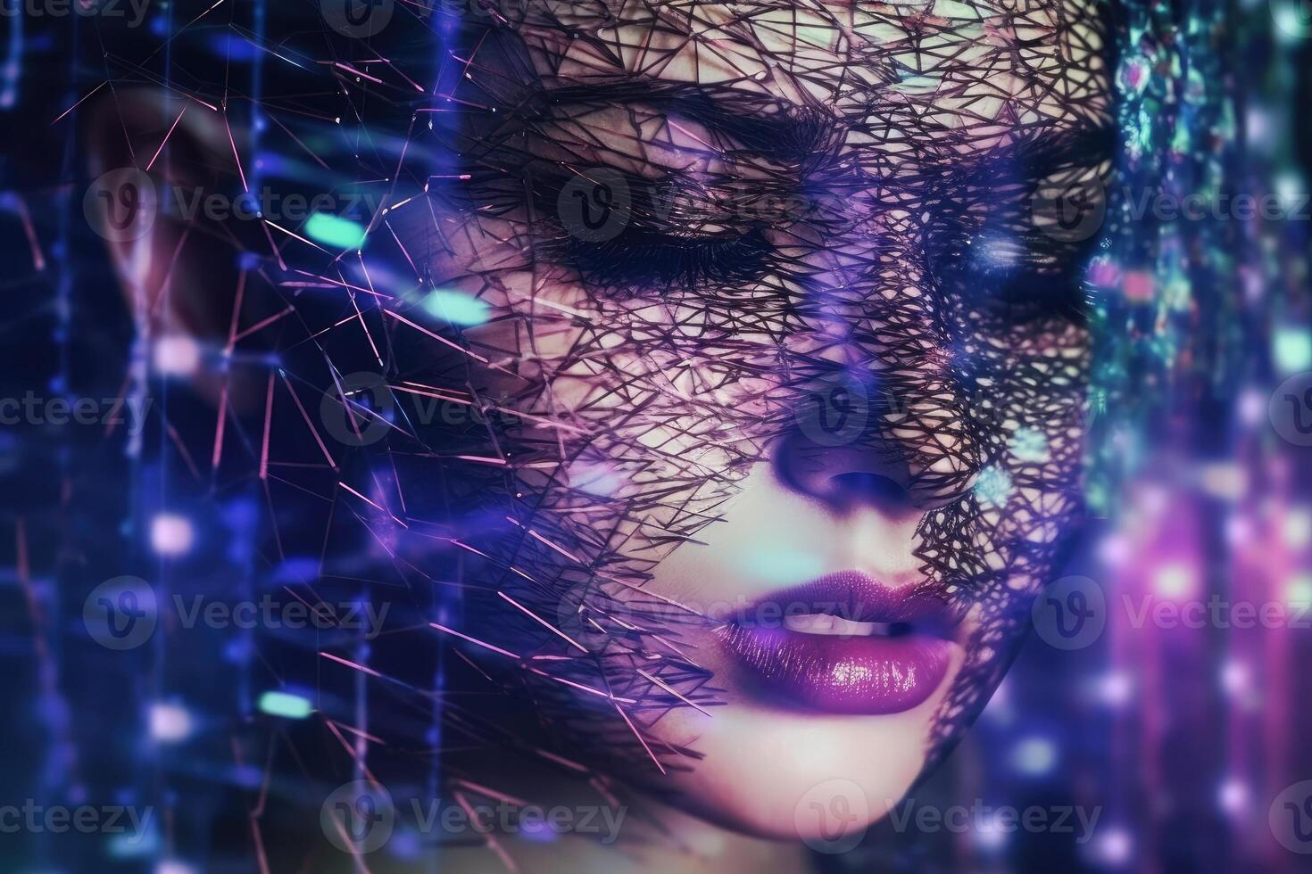 Close up of a beautiful cyberspace female face in a chaotic surreal style created with technology. photo