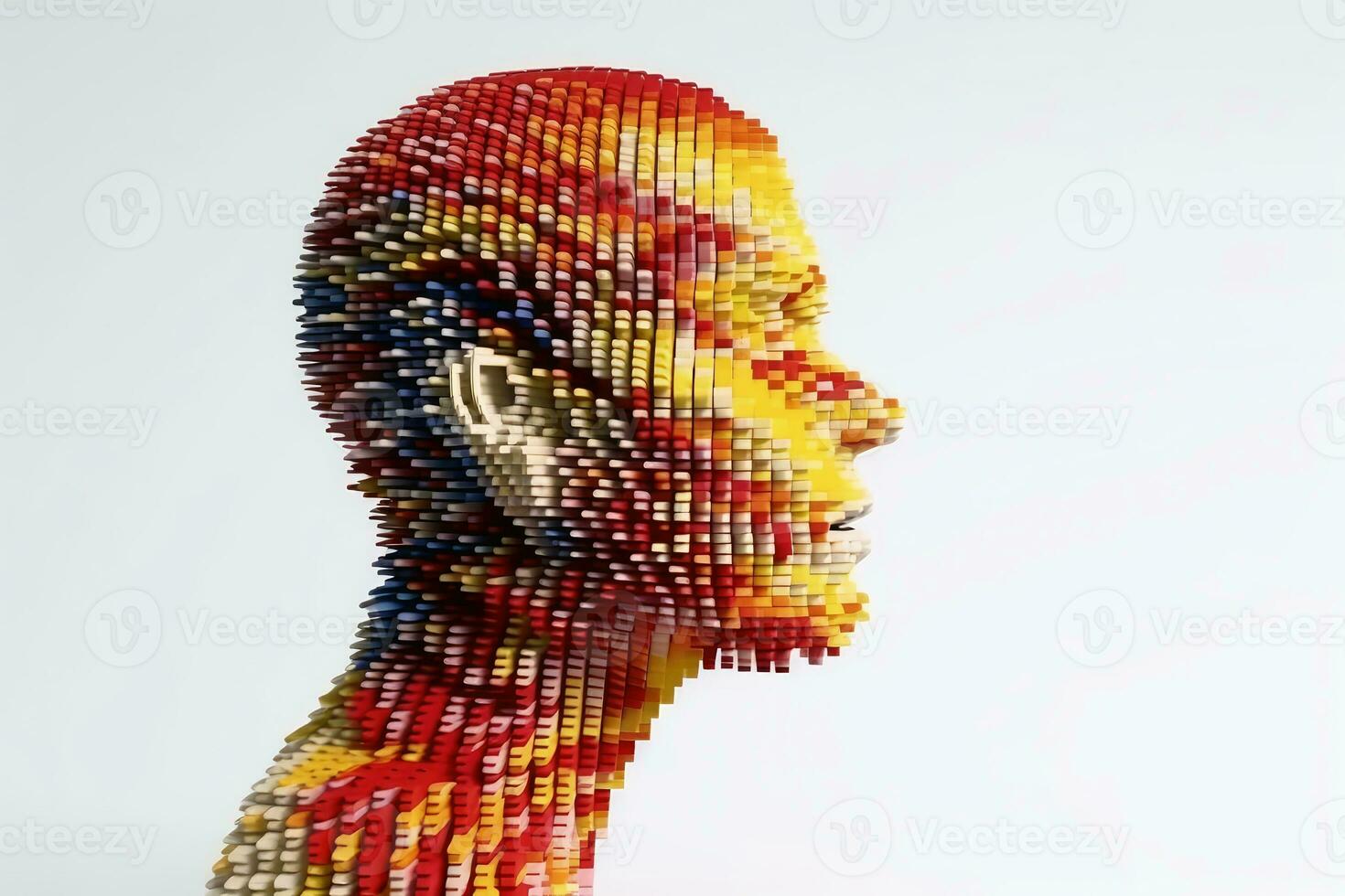 Concept of a 3D human head made of pixels created with generative AI technology. photo