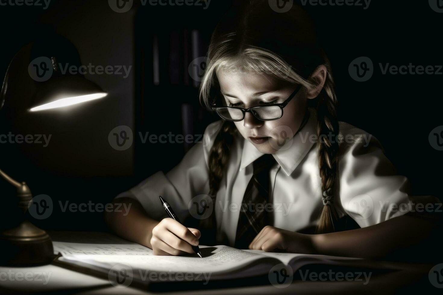 A schoolgirl doing homework created with generative AI technology. photo