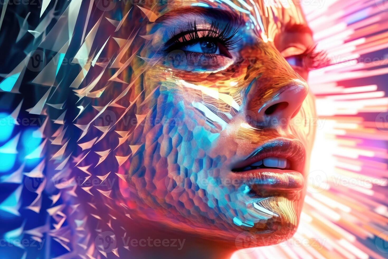 Close up of a beautiful cyberspace female face in a chaotic surreal style created with technology. photo