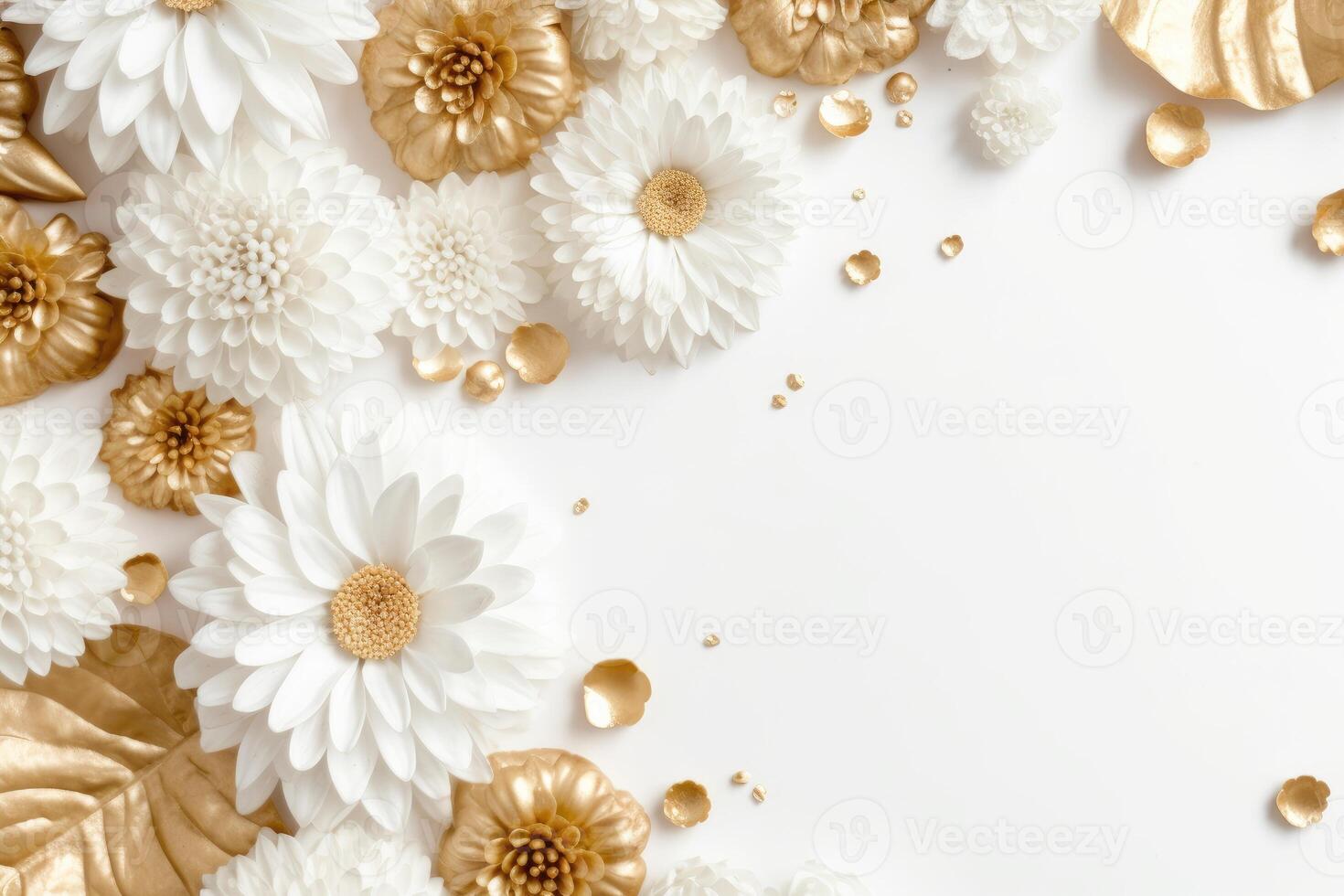 Golden flowers border on a white background created with technology. photo