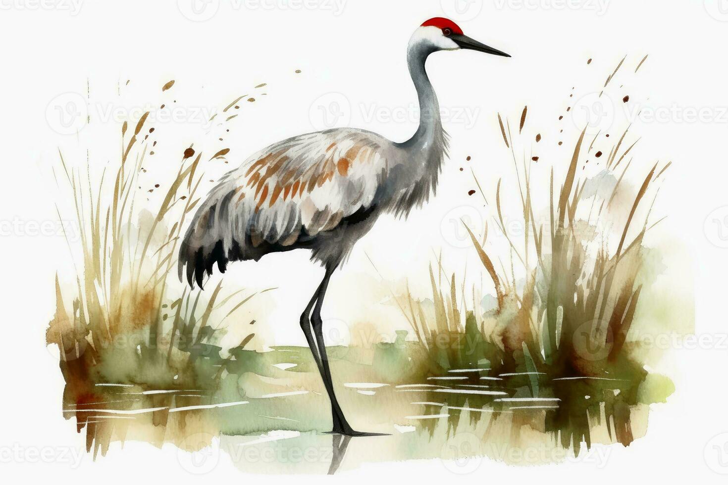 Watercolor painted crane bird on a white background. photo
