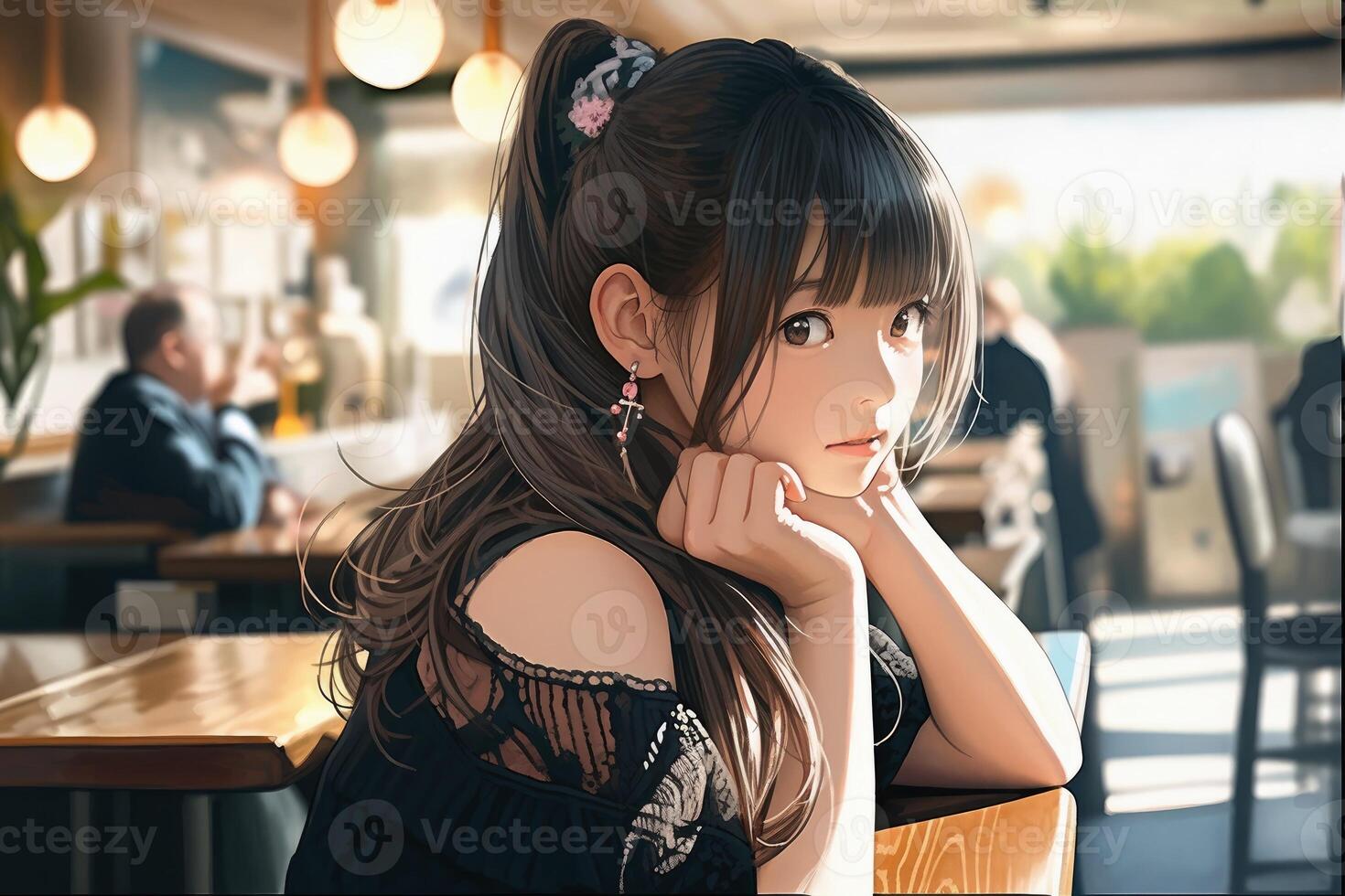 Photo realistic modern young asian woman in a cafe created with generative AI technology.