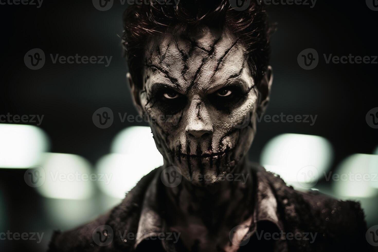 A creepy man with a gloomy make up on his face created with technology. photo