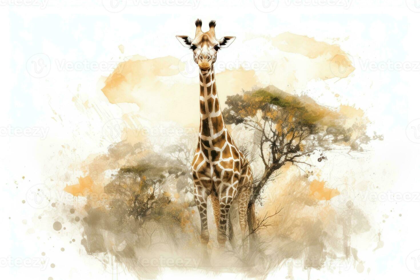 Watercolor painting of a giraffe on a white background. photo
