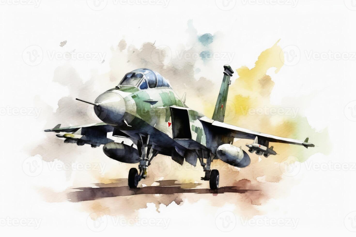 Watercolor military jet on white background created with technology. photo