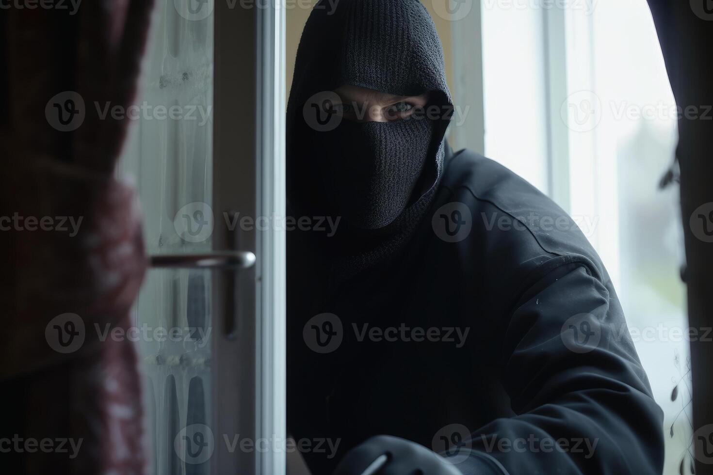 A burglar breaking down a flat door created with technology. photo