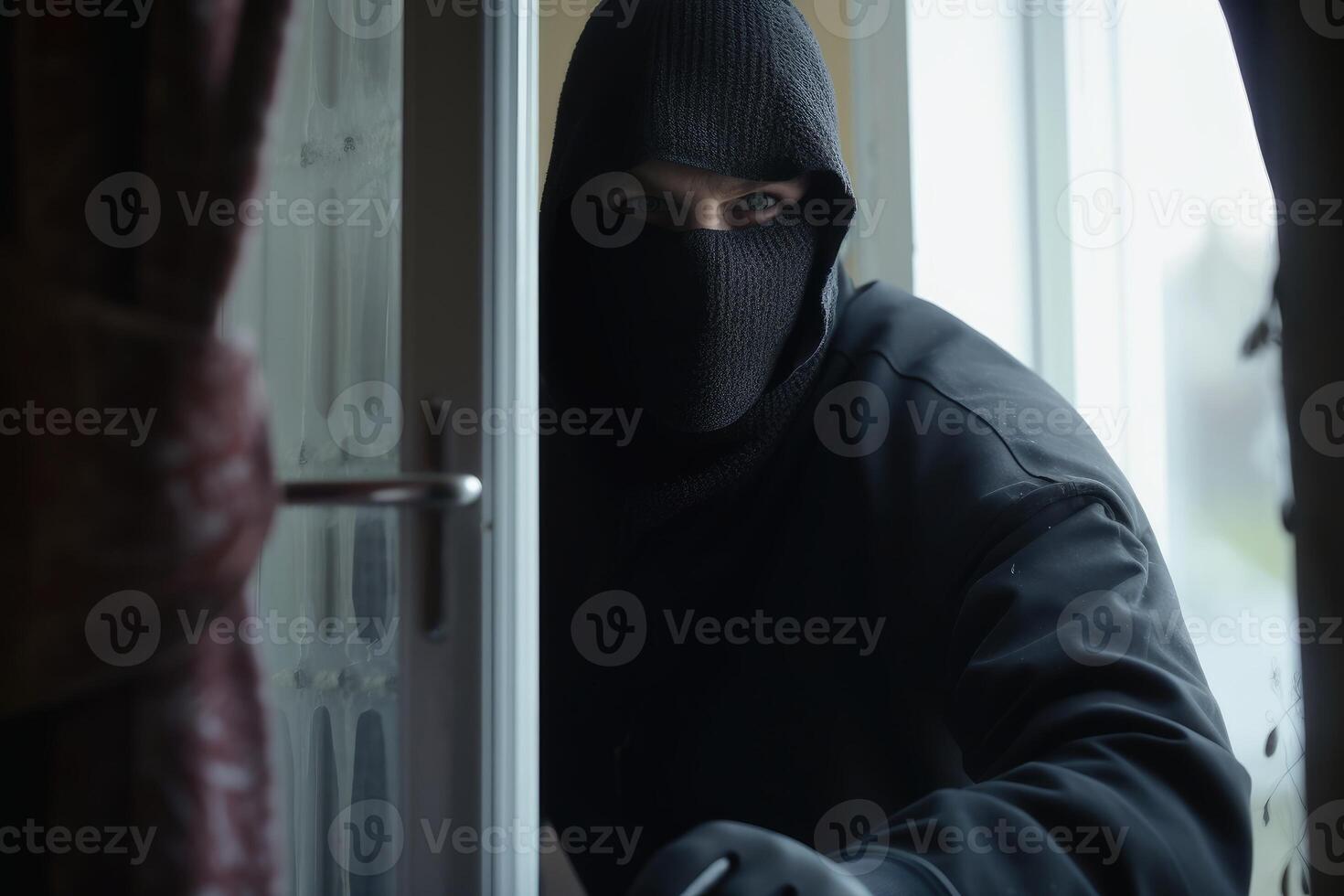 A burglar breaking down a flat door created with generative AI technology. photo