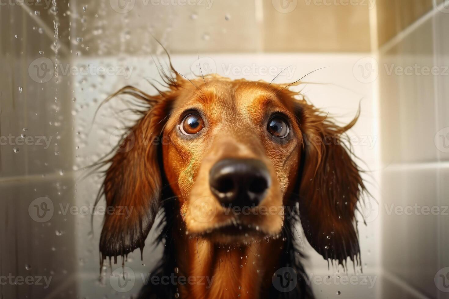 A dog in the shower created with technology. photo