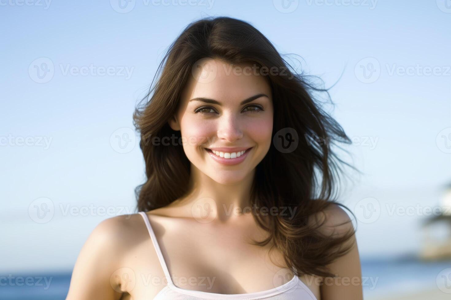 Portrait of an attractive woman at a beach created with generative AI technology. photo