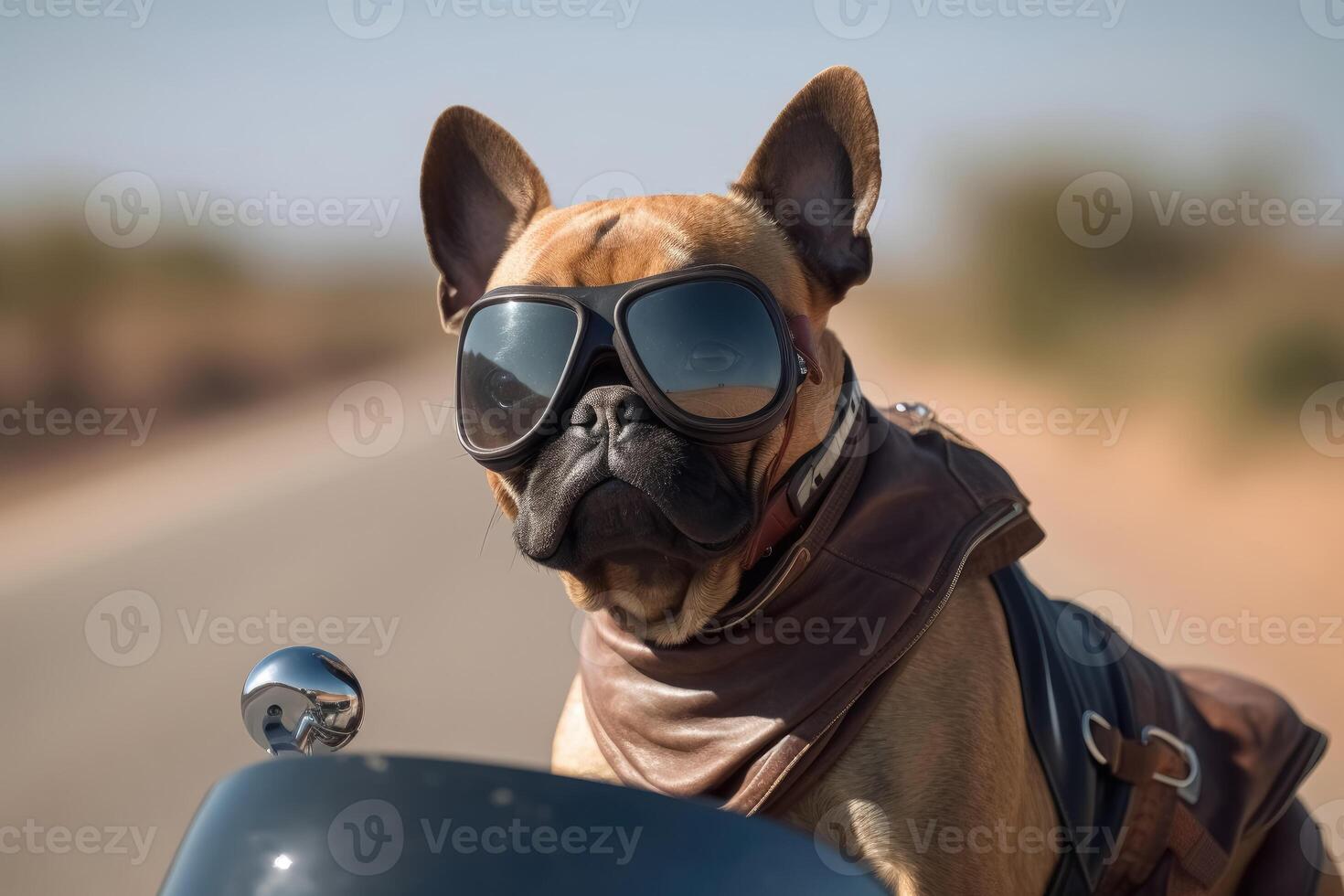A dog riding a motorbike created with technology. photo