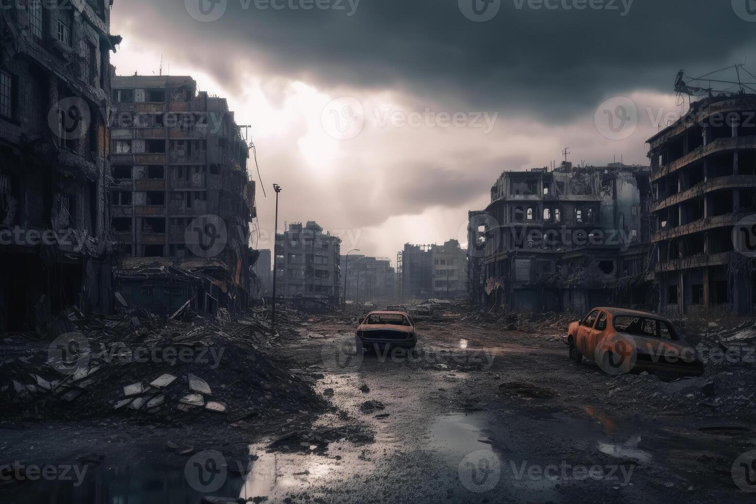 Post apocalyptic and destroyed buildings in a big city created with technology. photo