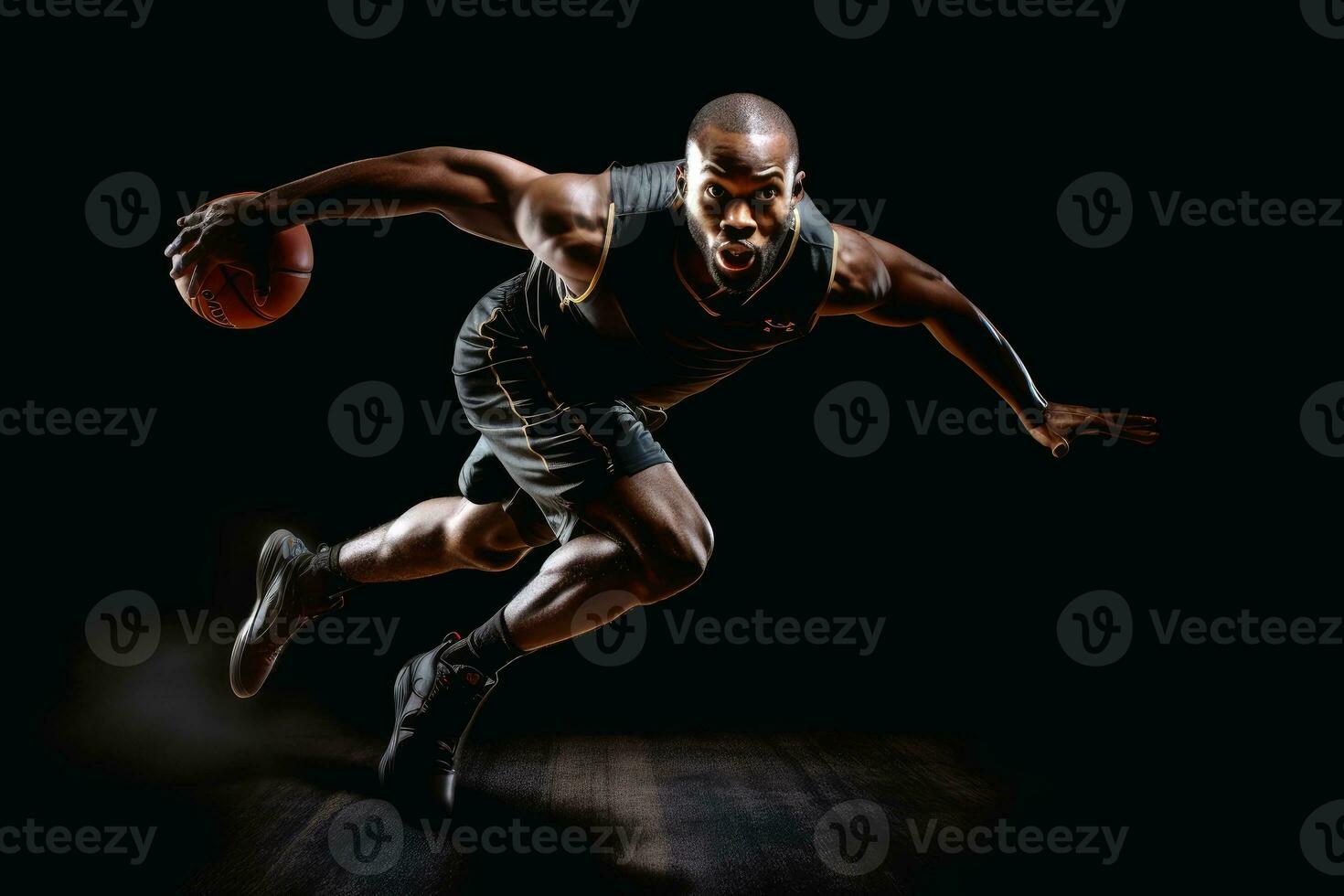 A professional basketball player in an action shot created with generative AI technology. photo
