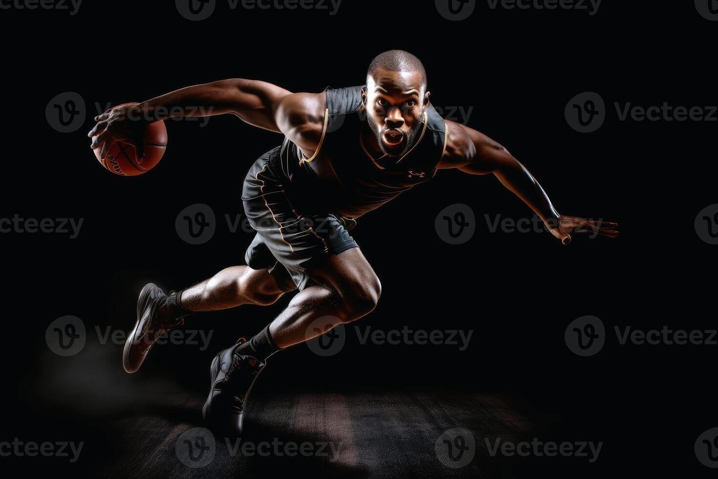 A professional basketball player in an action shot created with generative AI technology. photo