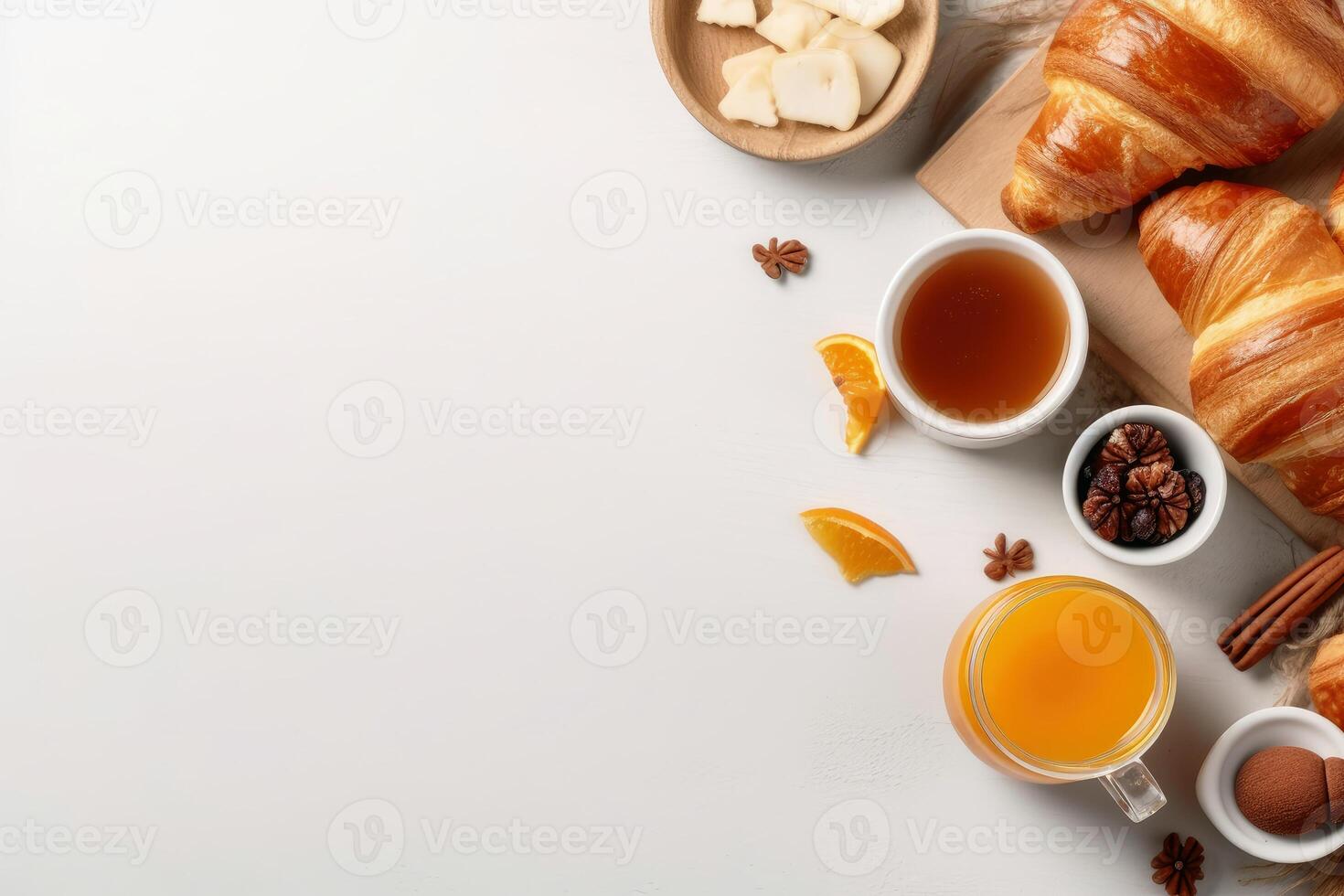 Top view of a tasty breakfast with copy space created with generative AI technology. photo