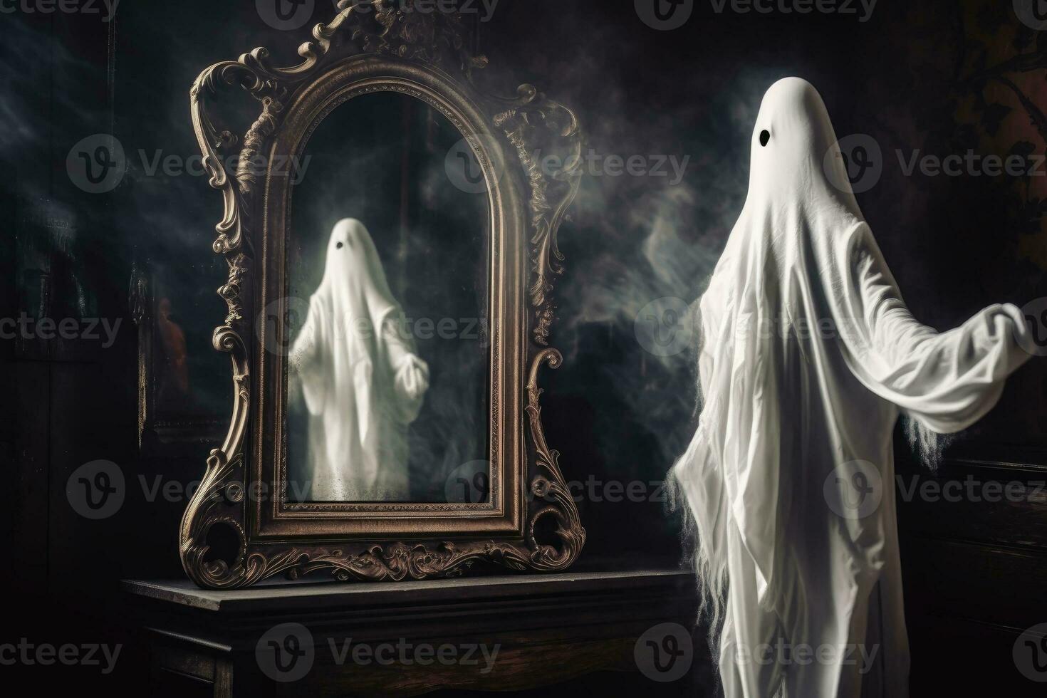 A ghost coming out of an old mirror created with generative AI technology. photo