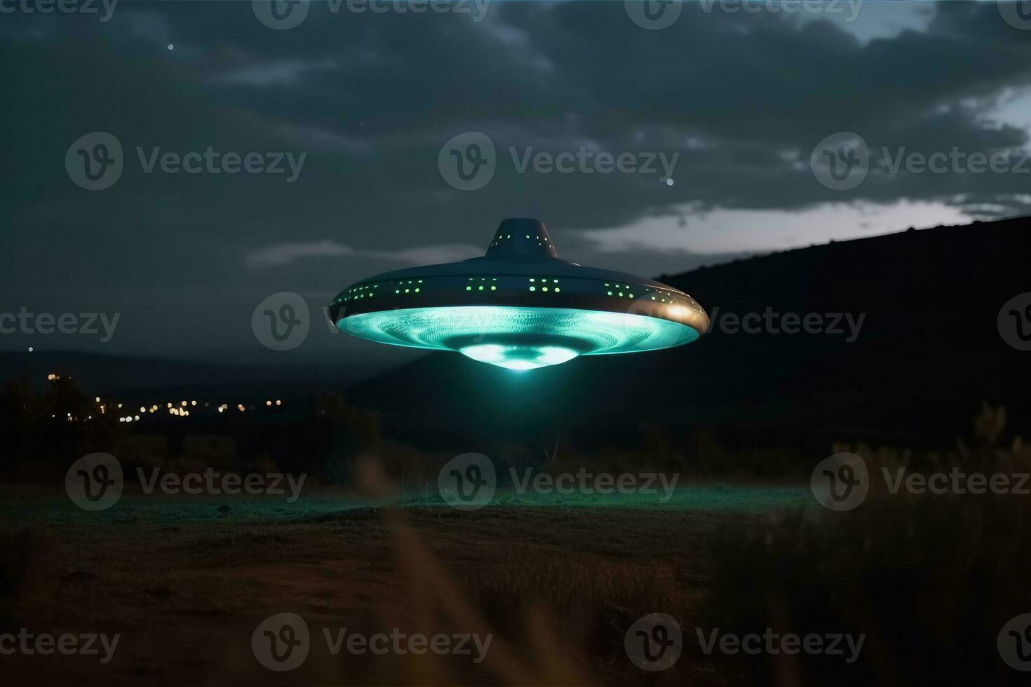 A close up view of a UFO with a spotlight pointed at the bottom of the landscape created with generative AI technology. photo