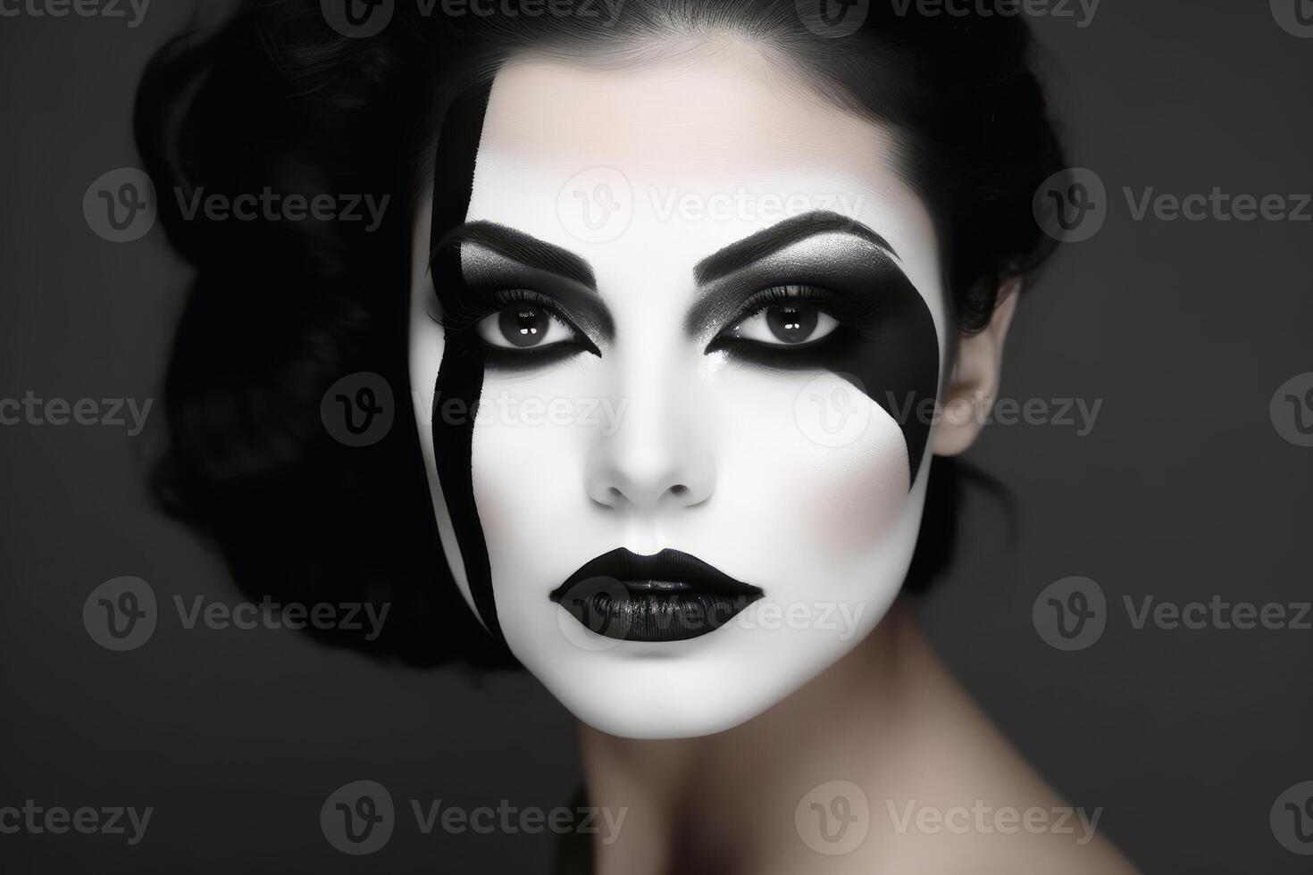 Portrait of a woman with a black and white makeup separating the face created with generative AI technology. photo