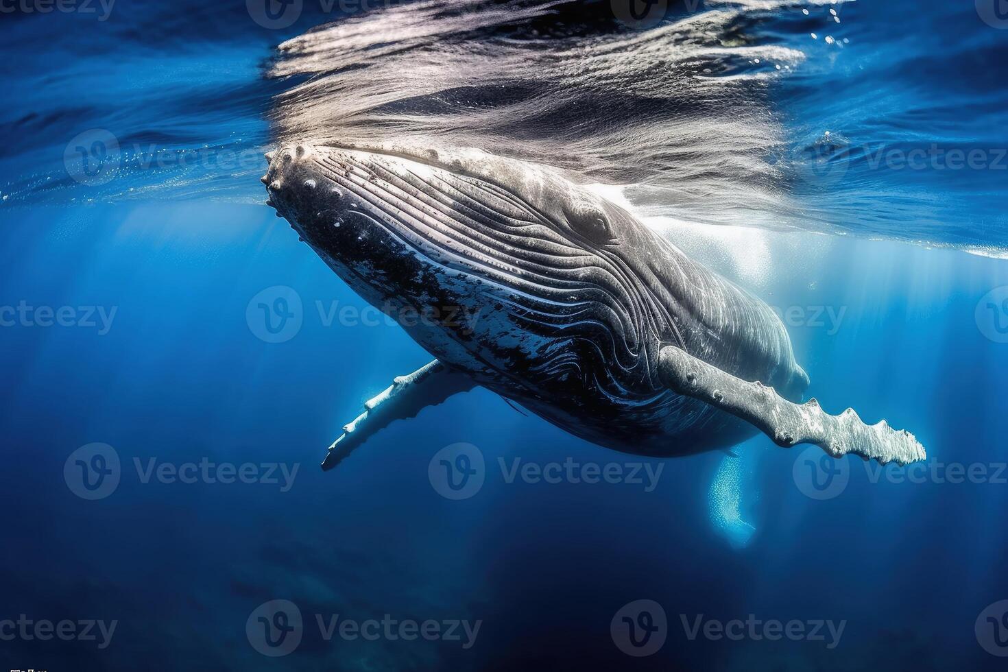 Diving with humpback whales created with generative AI technology. photo