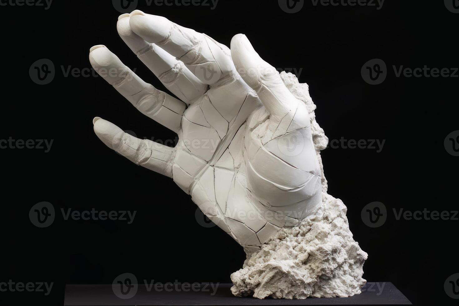 A sculpture of a broken human hand created with generative AI technology. photo